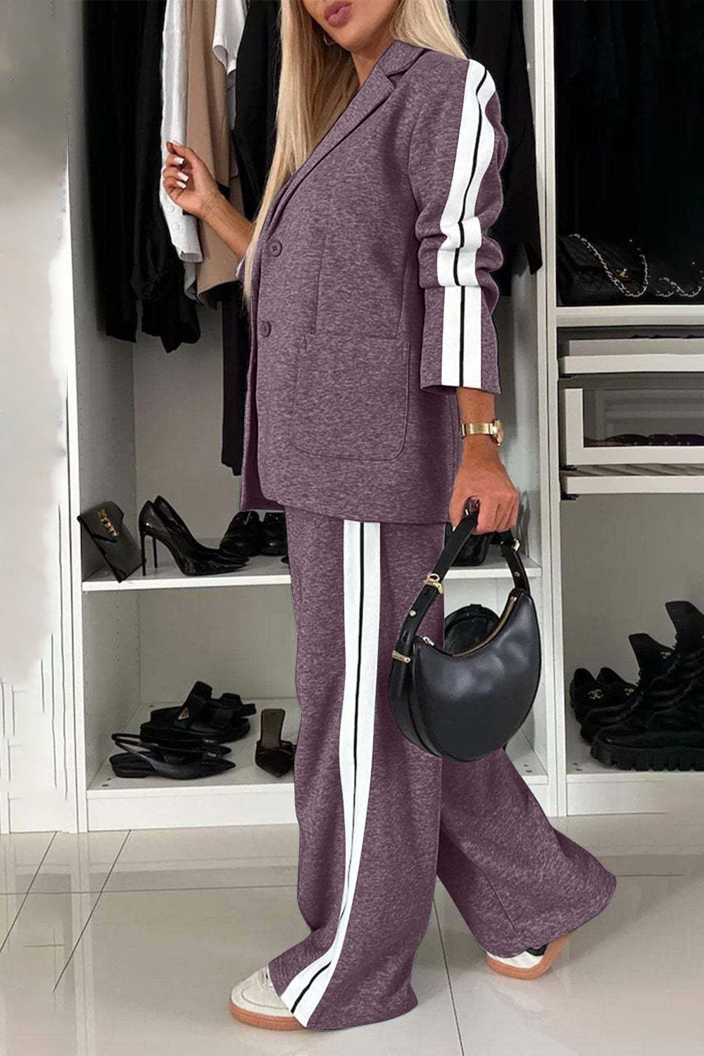 Contrast Lapel Collar Top & Pants Set