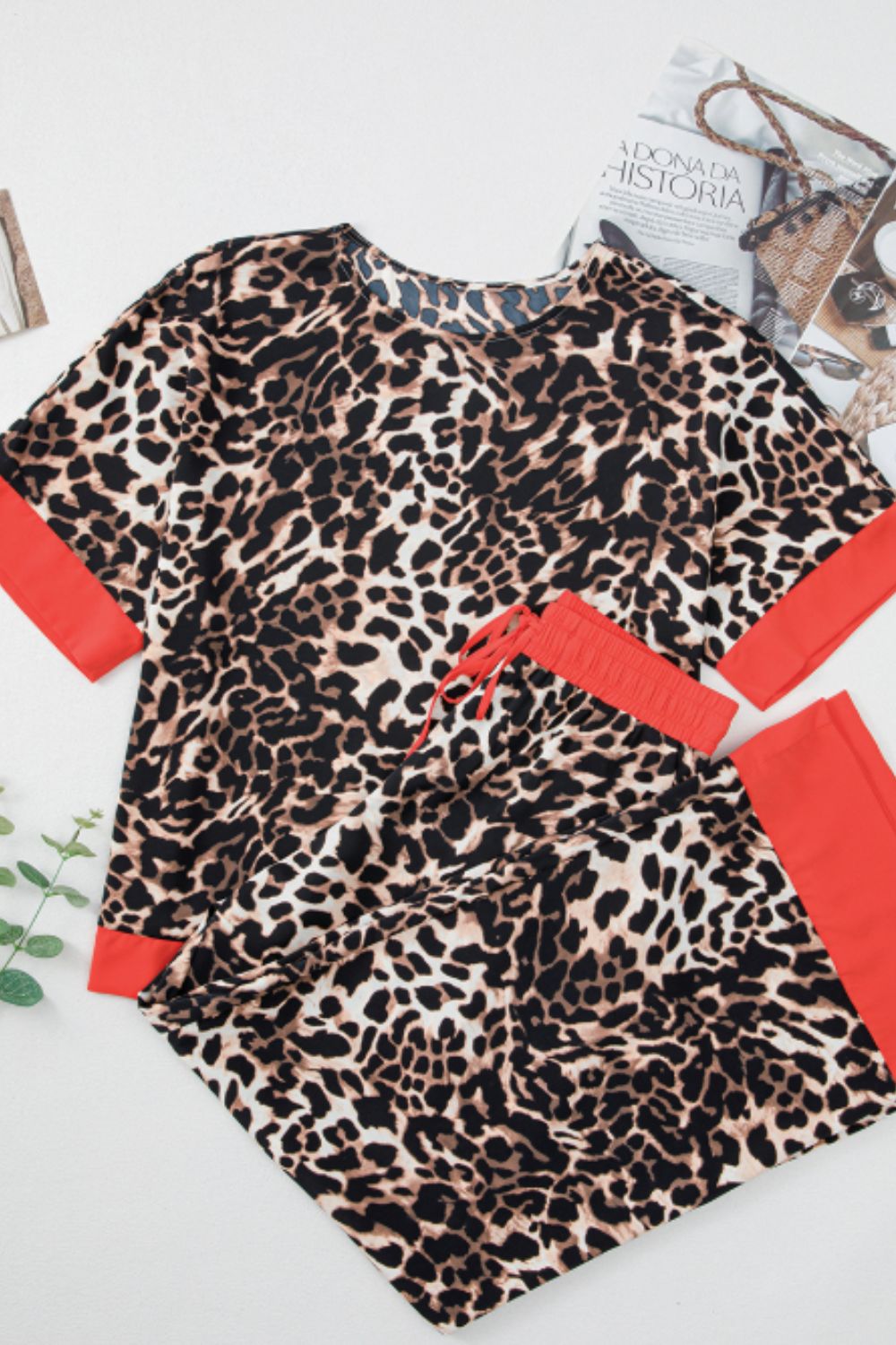 Contrast Trim Leopard Top Pants Set