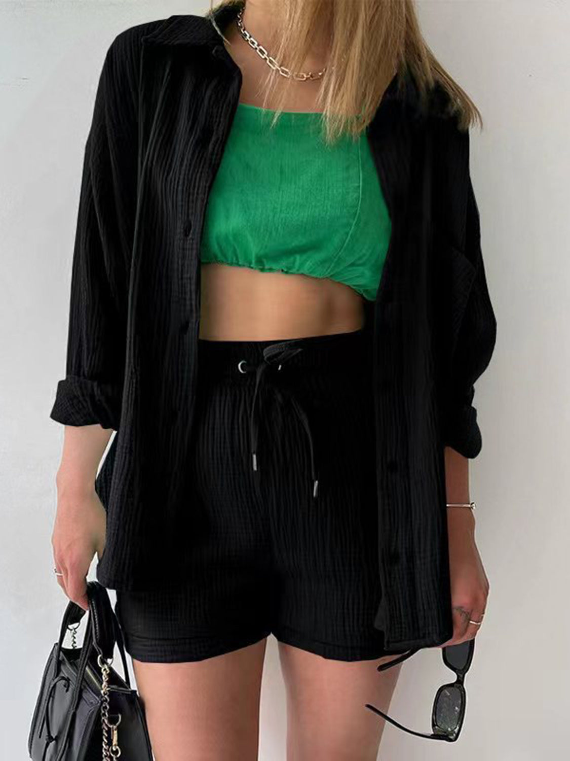 Textured Button Up Shirt Shorts Set