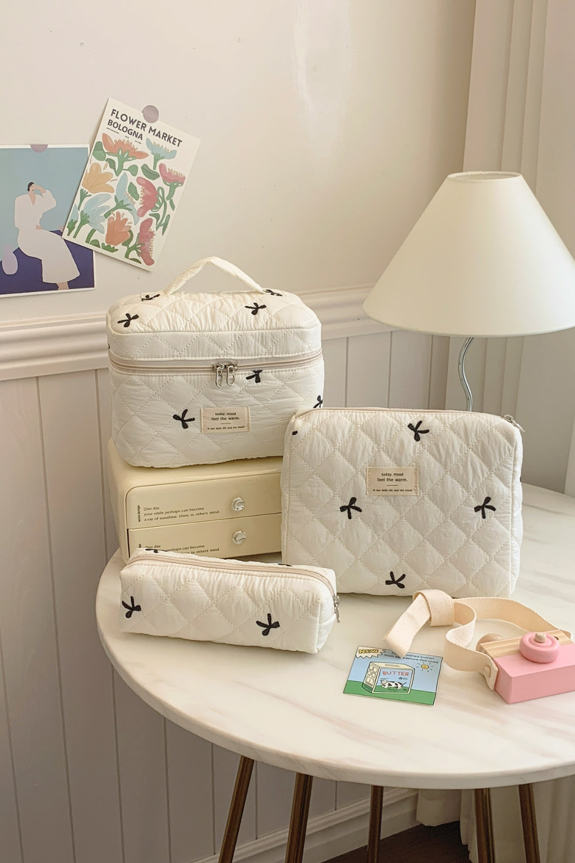 3 Piece Bow Quilted Makeup Bag Set