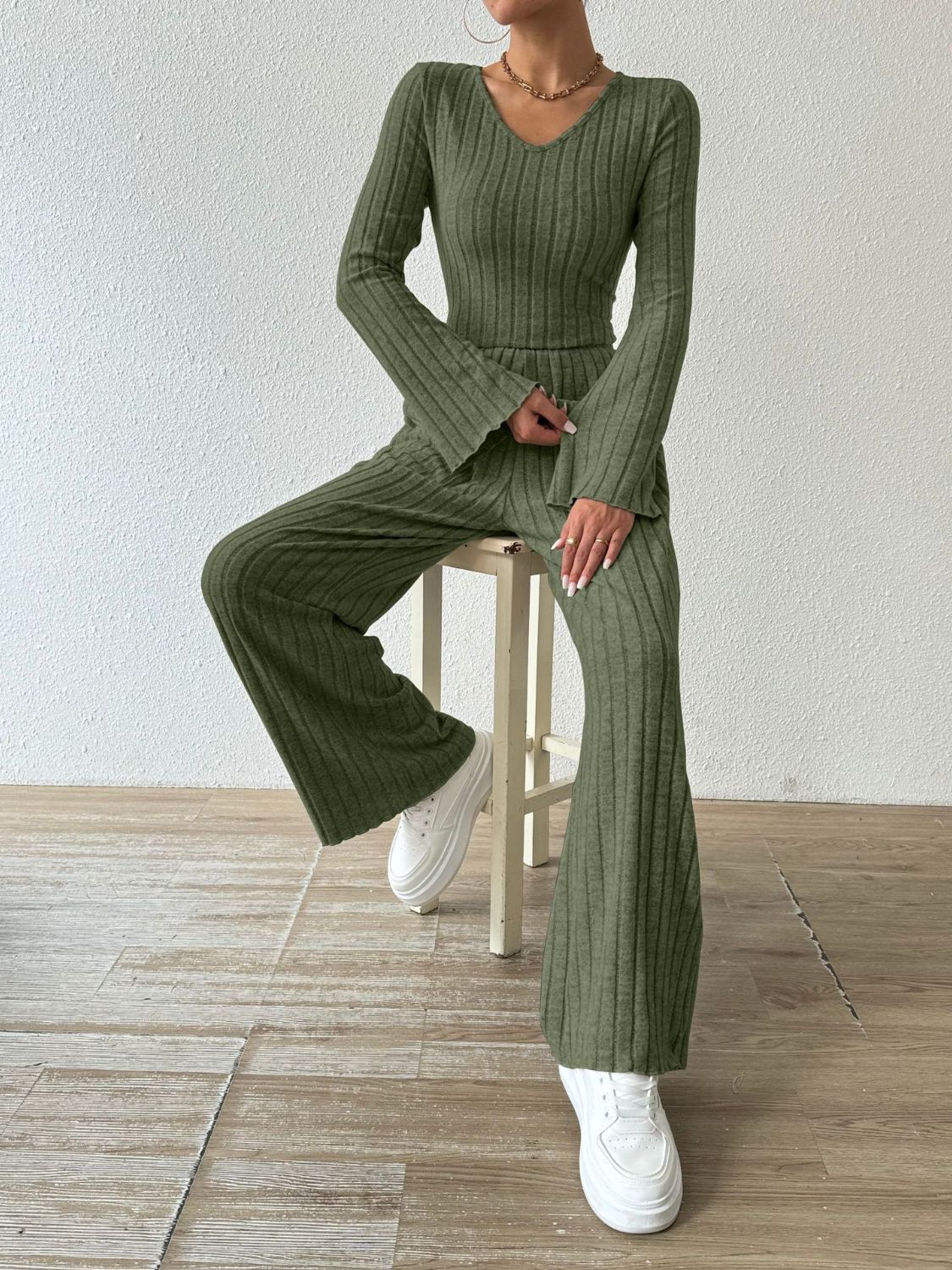Ribbed V-Neck Long Sleeve Top Pants