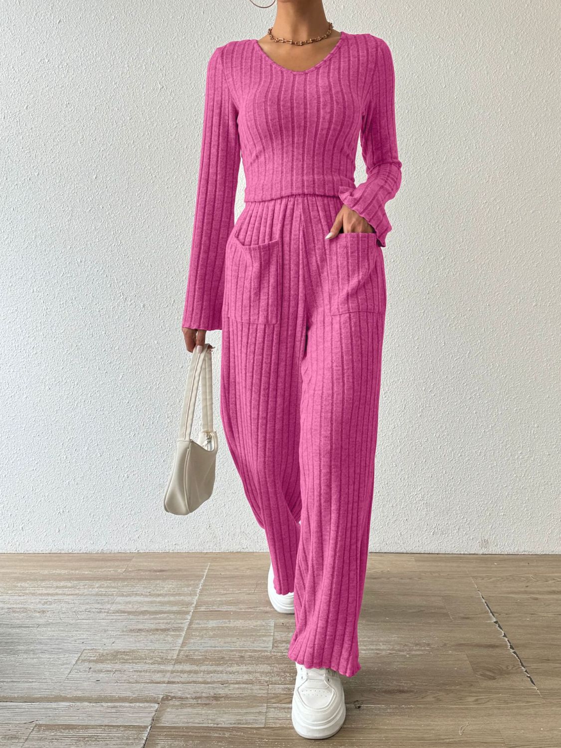 Ribbed V-Neck Long Sleeve Top Pants