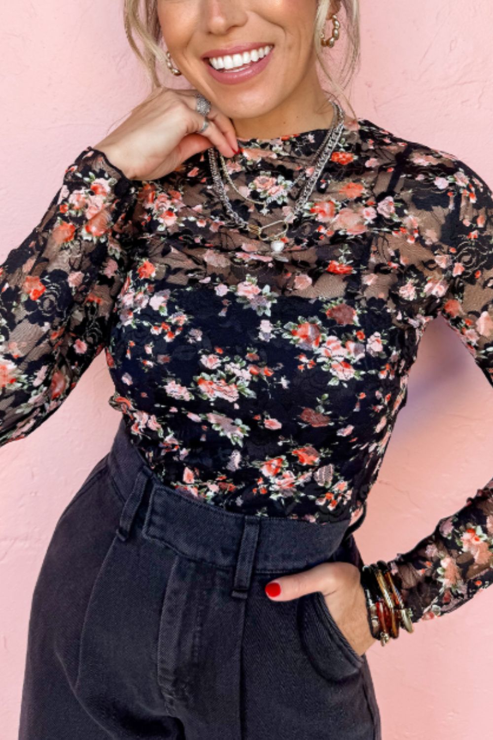 Floral Round Neck Long Sleeve Top