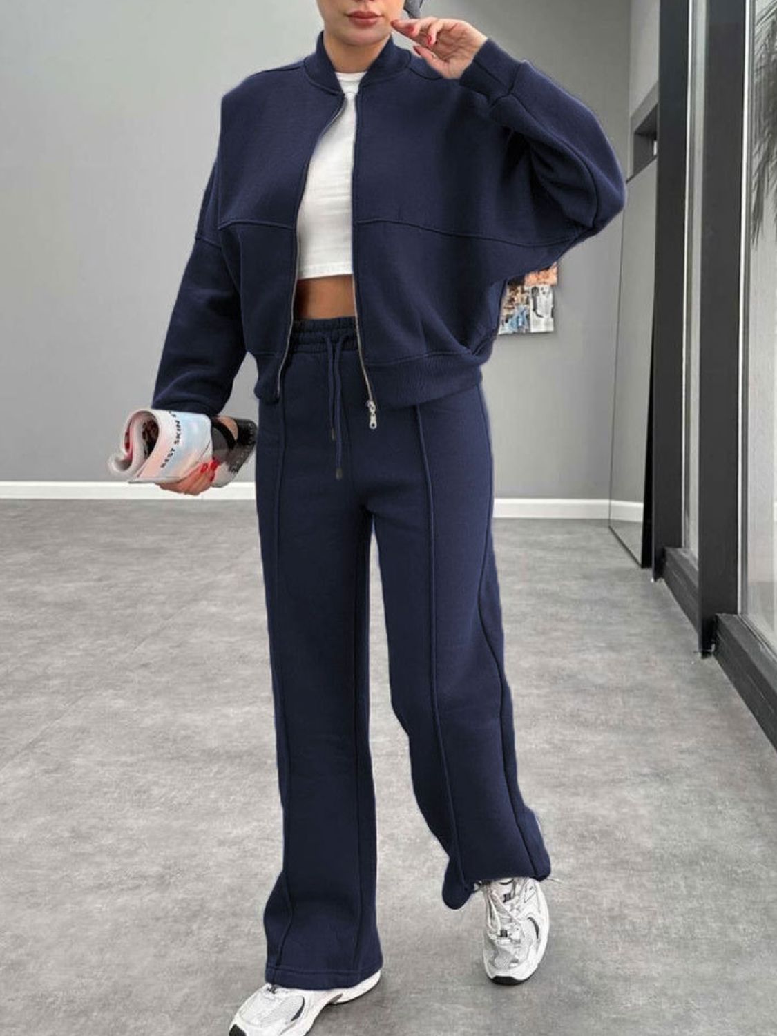 Baseball Collar Zip Up Outerwear Set