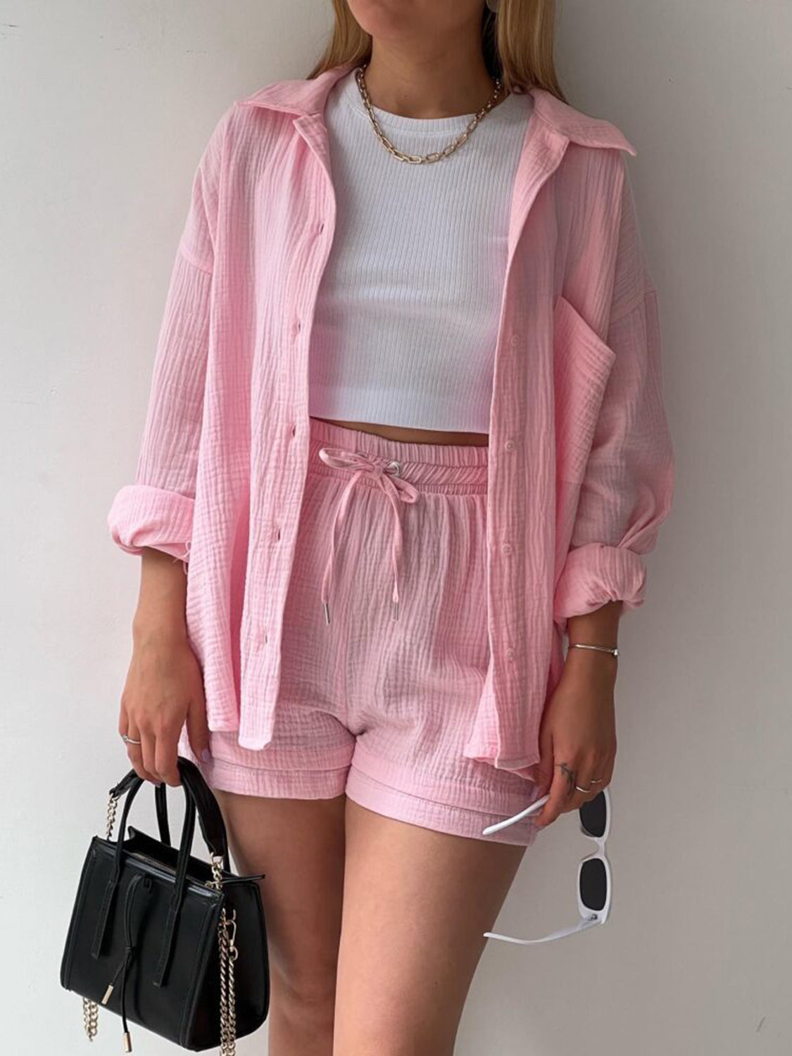Textured Button Up Shirt Shorts Set