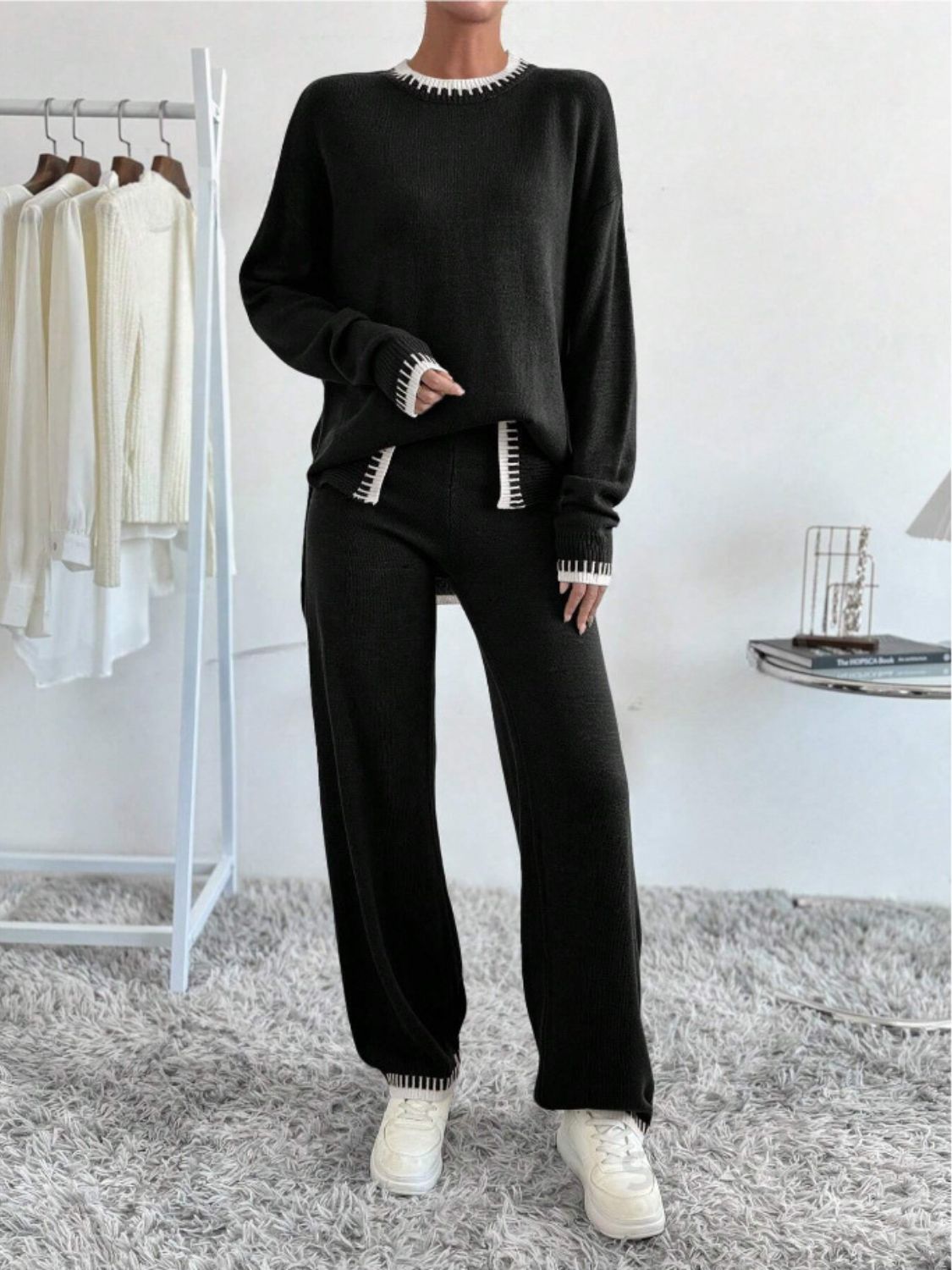 Side Slit Contrast Trim Top Pants Set