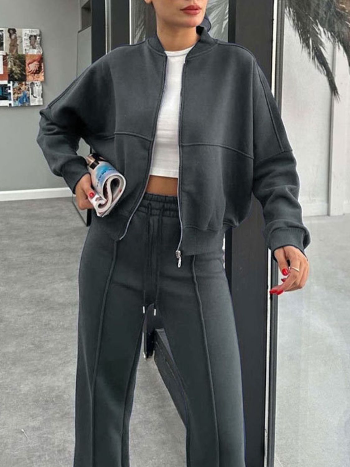Baseball Collar Zip Up Outerwear Set