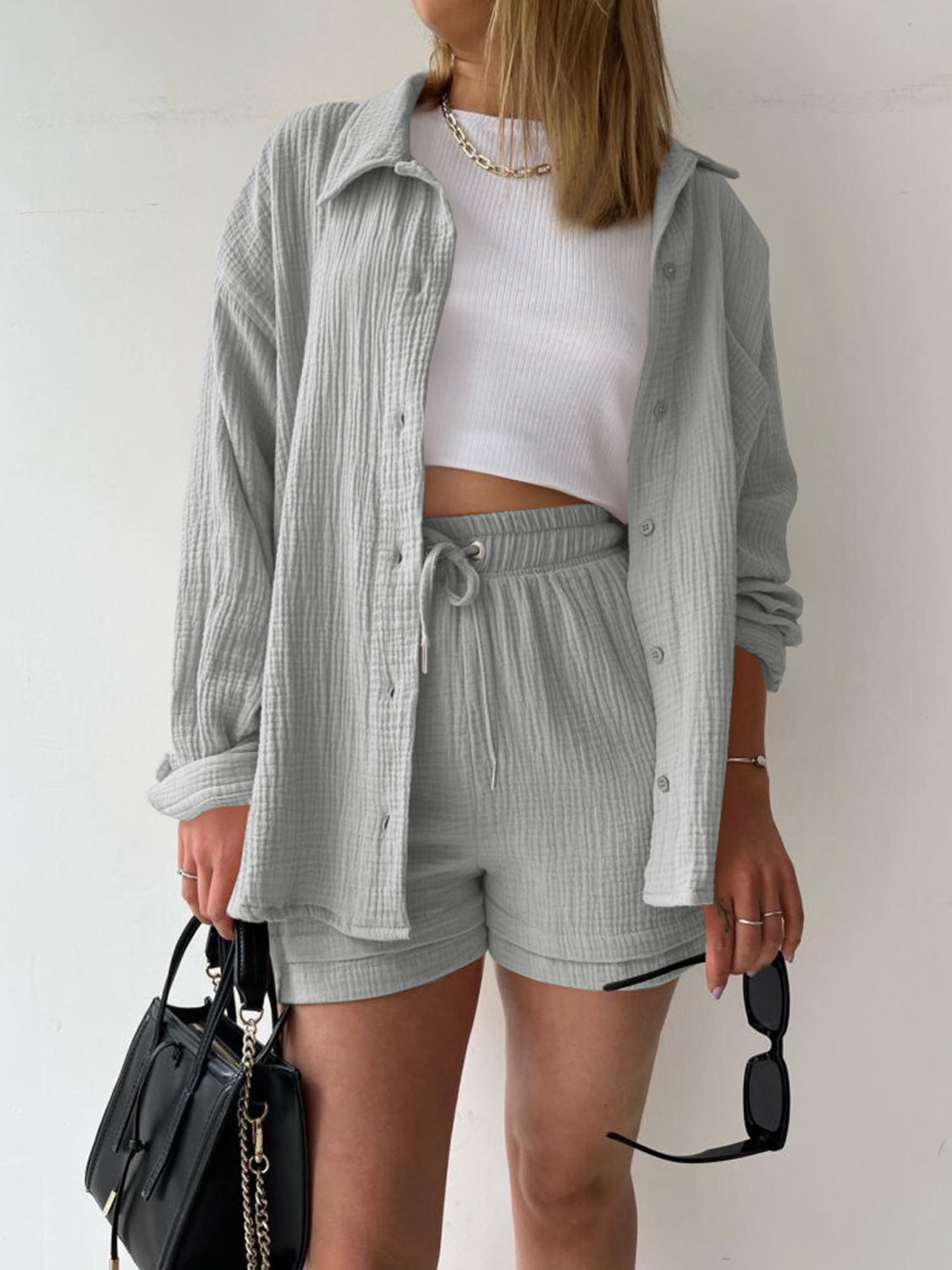 Textured Button Up Shirt Shorts Set