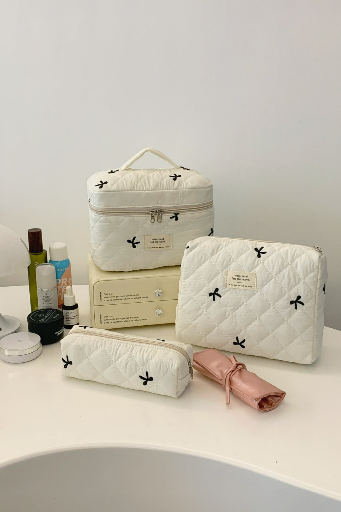 3 Piece Bow Quilted Makeup Bag Set