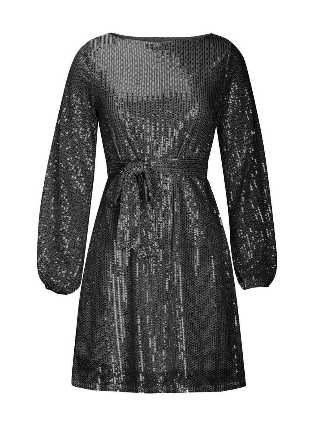 Sequin Tie Waist Long Sleeve Dress