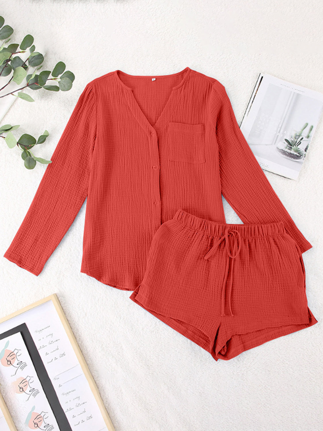 Notched Long Sleeve Top Shorts Set