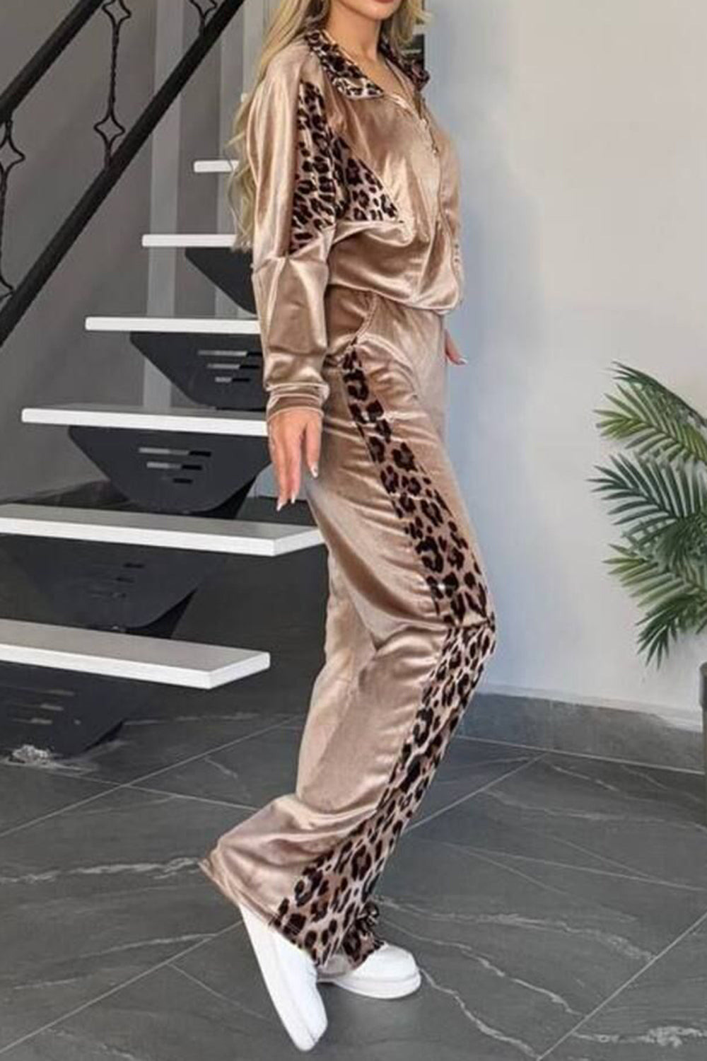 Collared Leopard Zip Top Pants Plus