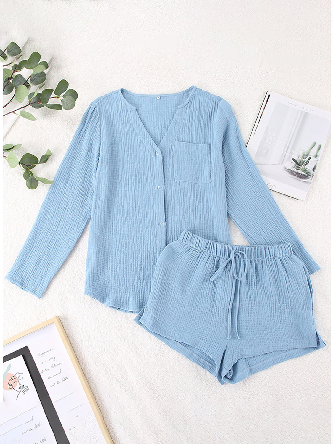 Notched Long Sleeve Top Shorts Set
