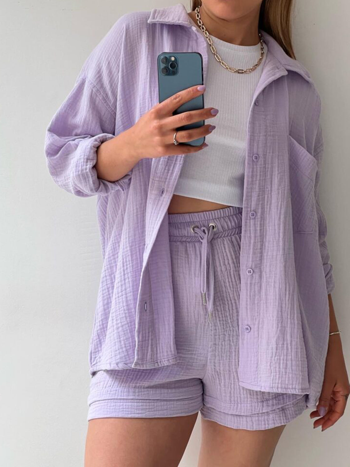 Textured Button Up Shirt Shorts Set