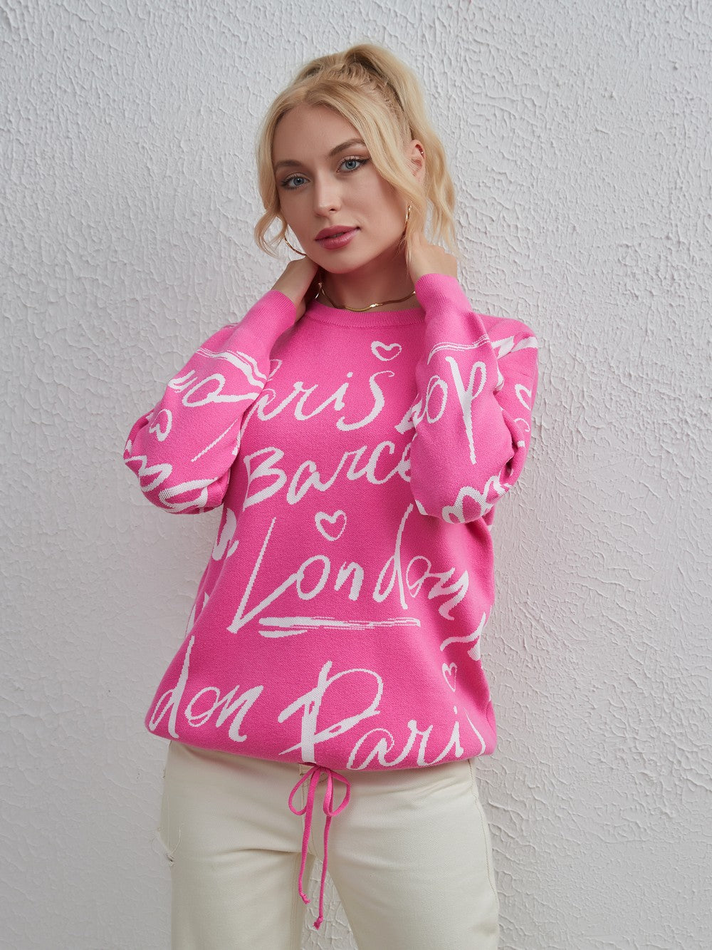 Drawstring Letter Pattern Sweater Drop
