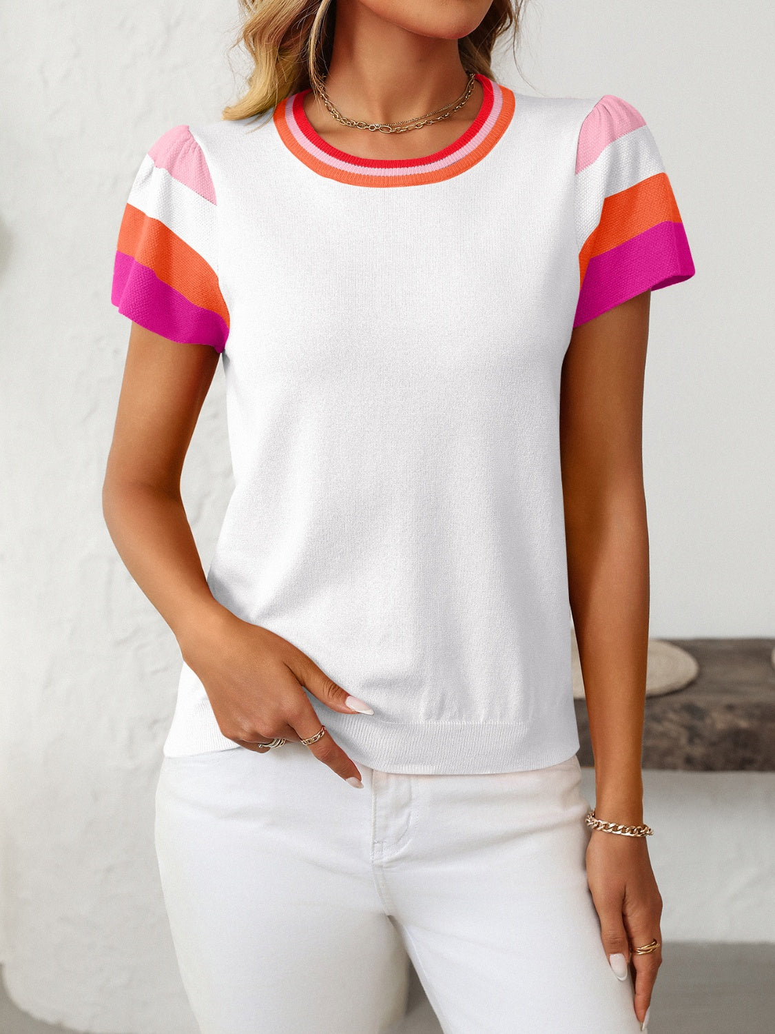 Contrast Round Neck Short Sleeve Top