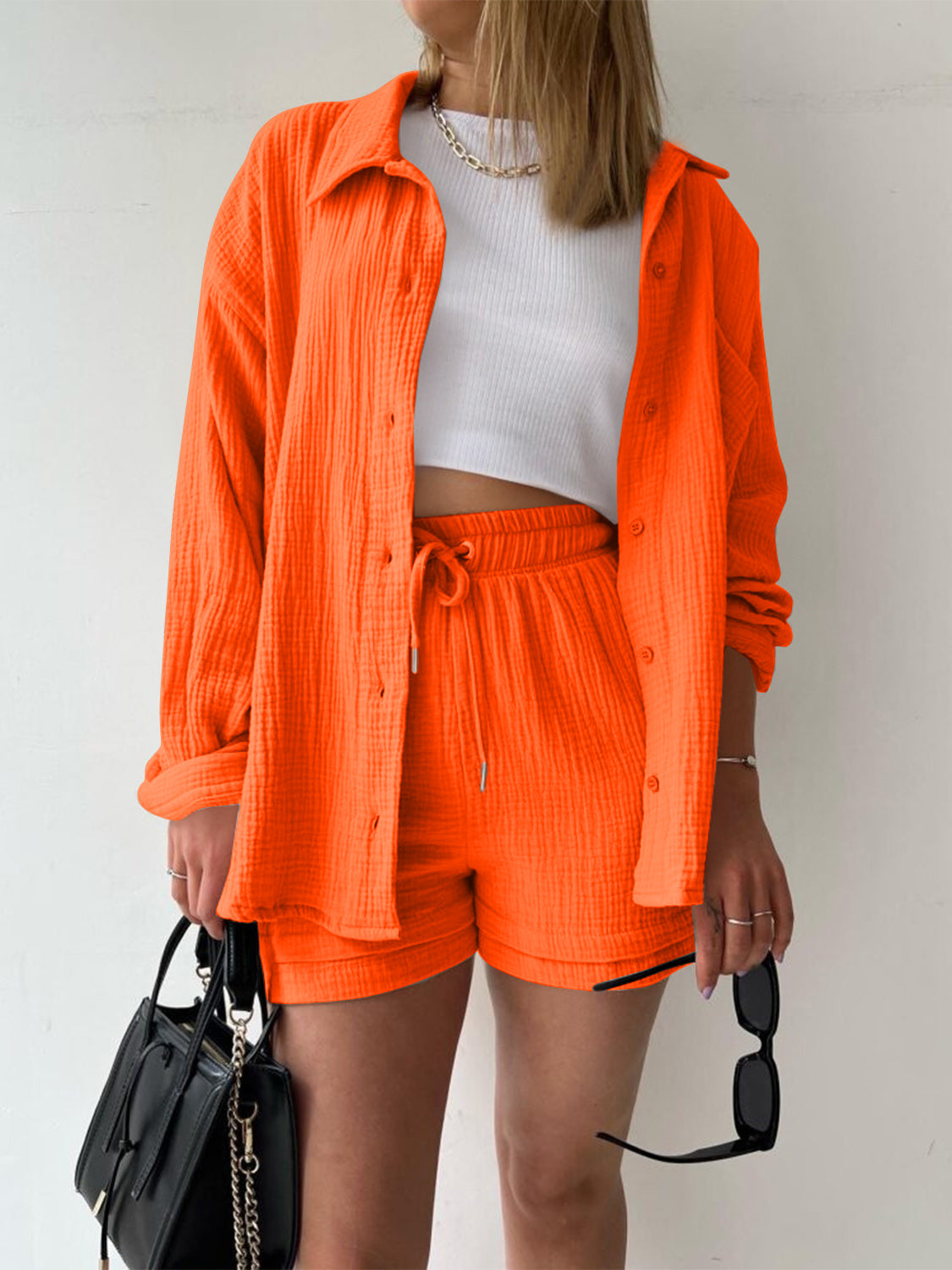 Textured Button Up Shirt Shorts Set