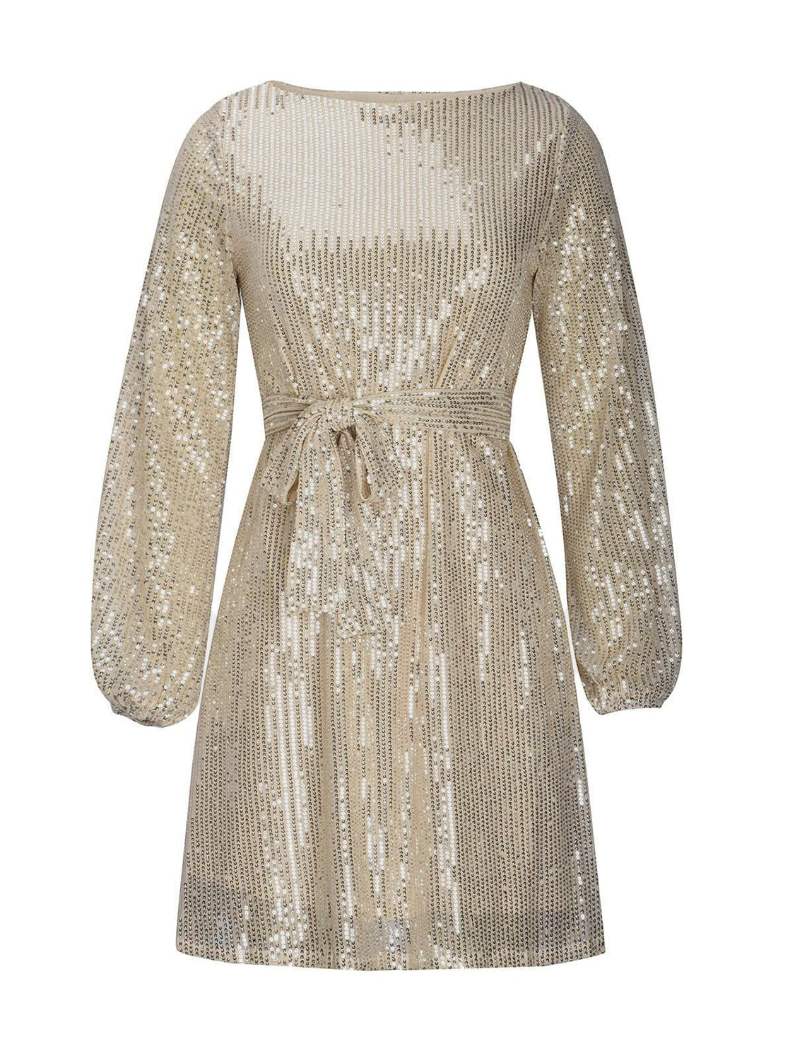 Sequin Tie Waist Long Sleeve Dress