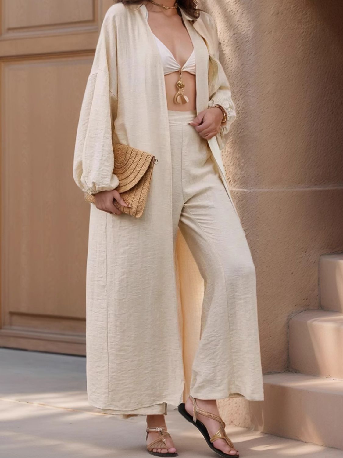 Open Front Balloon Sleeve Cardigan Set