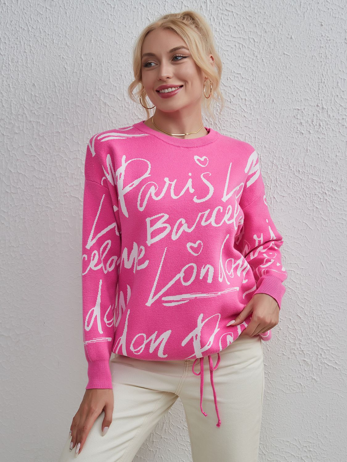 Drawstring Letter Pattern Sweater Drop