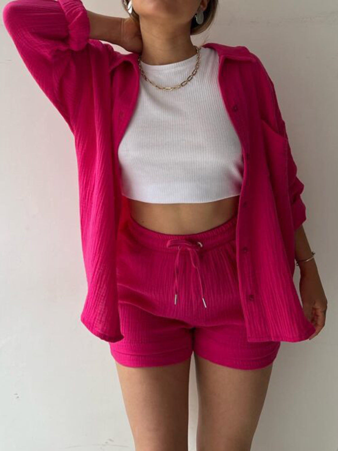 Textured Button Up Shirt Shorts Set
