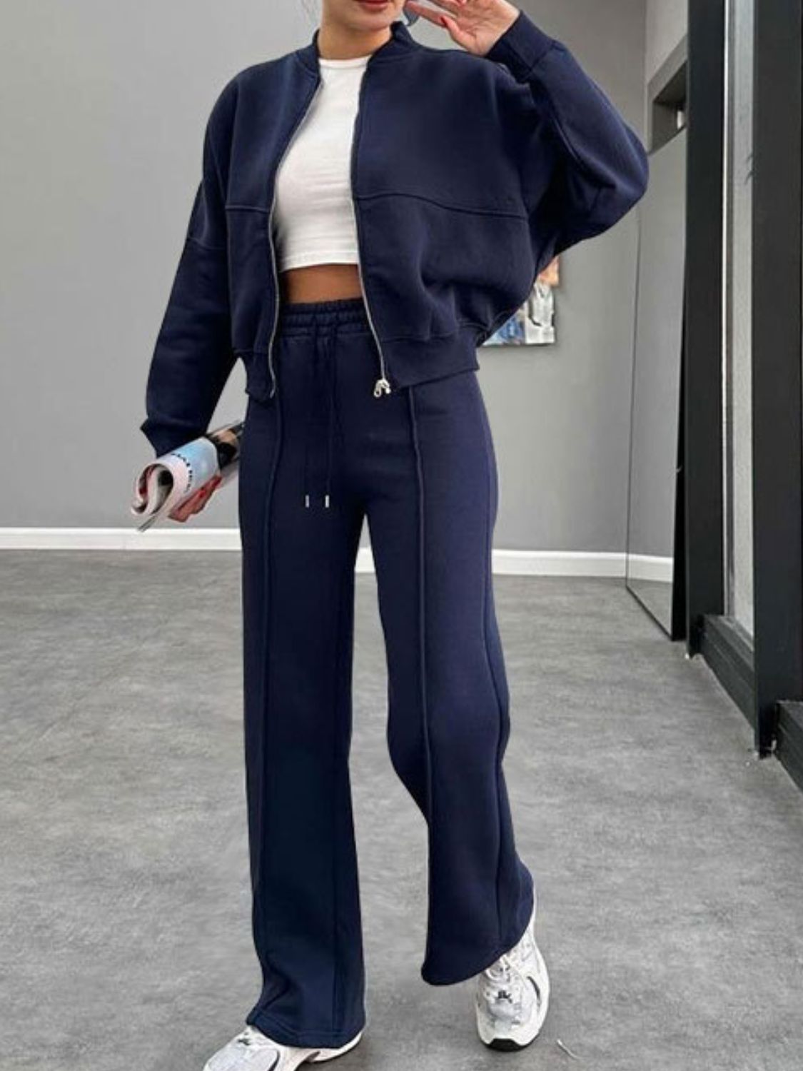 Baseball Collar Zip Up Outerwear Set