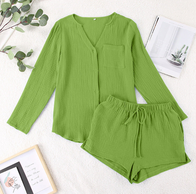 Notched Long Sleeve Top Shorts Set