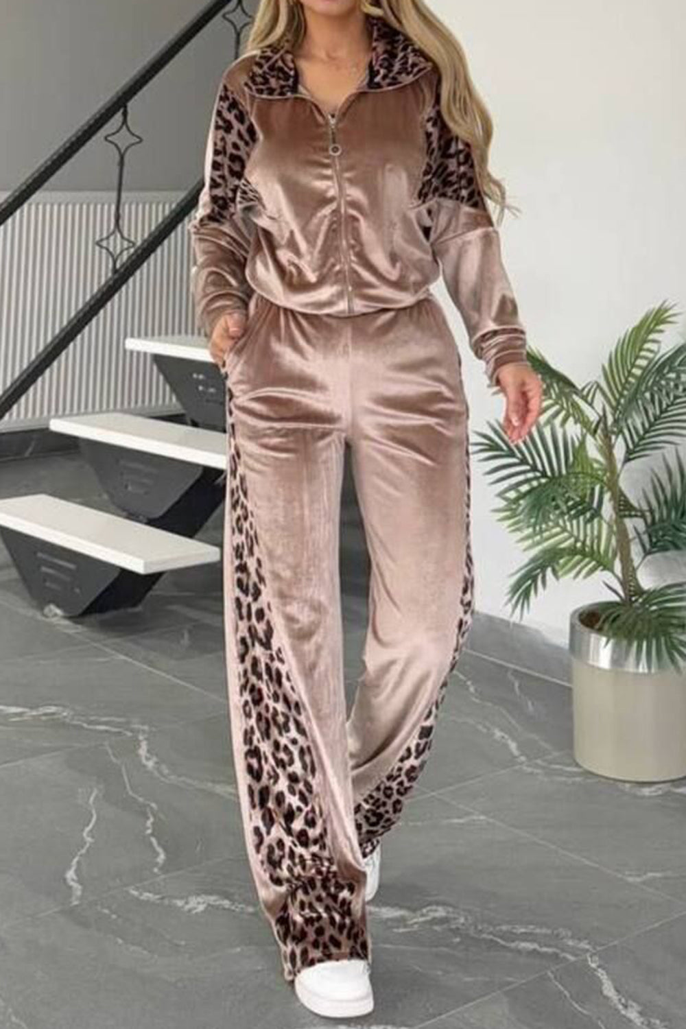 Collared Leopard Zip Top Pants Plus