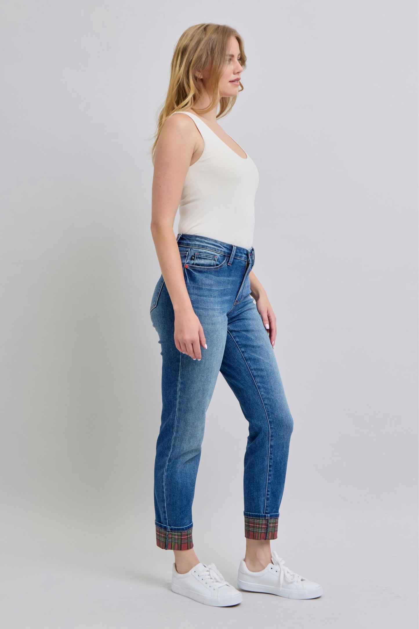 Blue Plaid Print Cuff Straight Jean