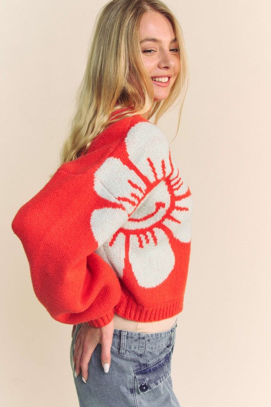 Flower Contrast Cardigan - Pretty