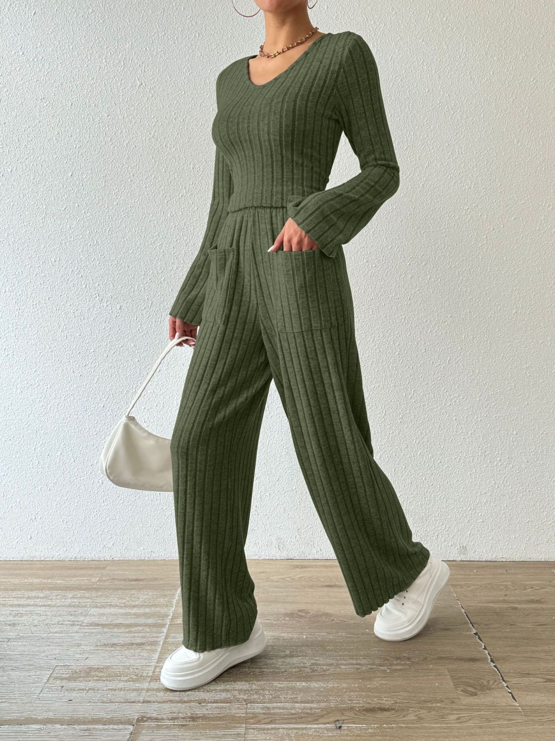 Ribbed V-Neck Long Sleeve Top Pants