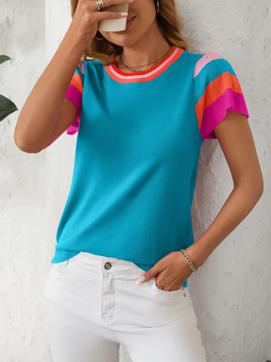 Contrast Round Neck Short Sleeve Top