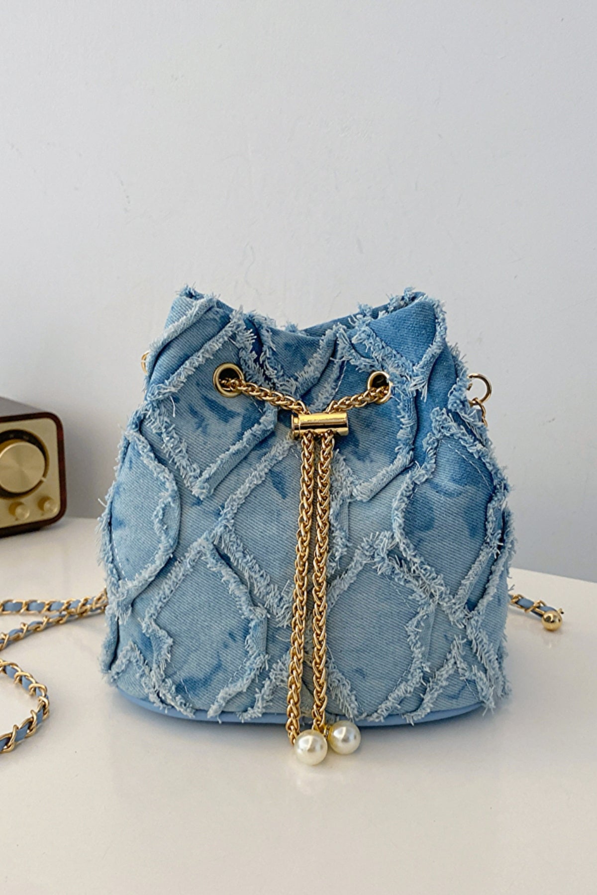 Chain Drawstring Raw Edge Denim Bucket