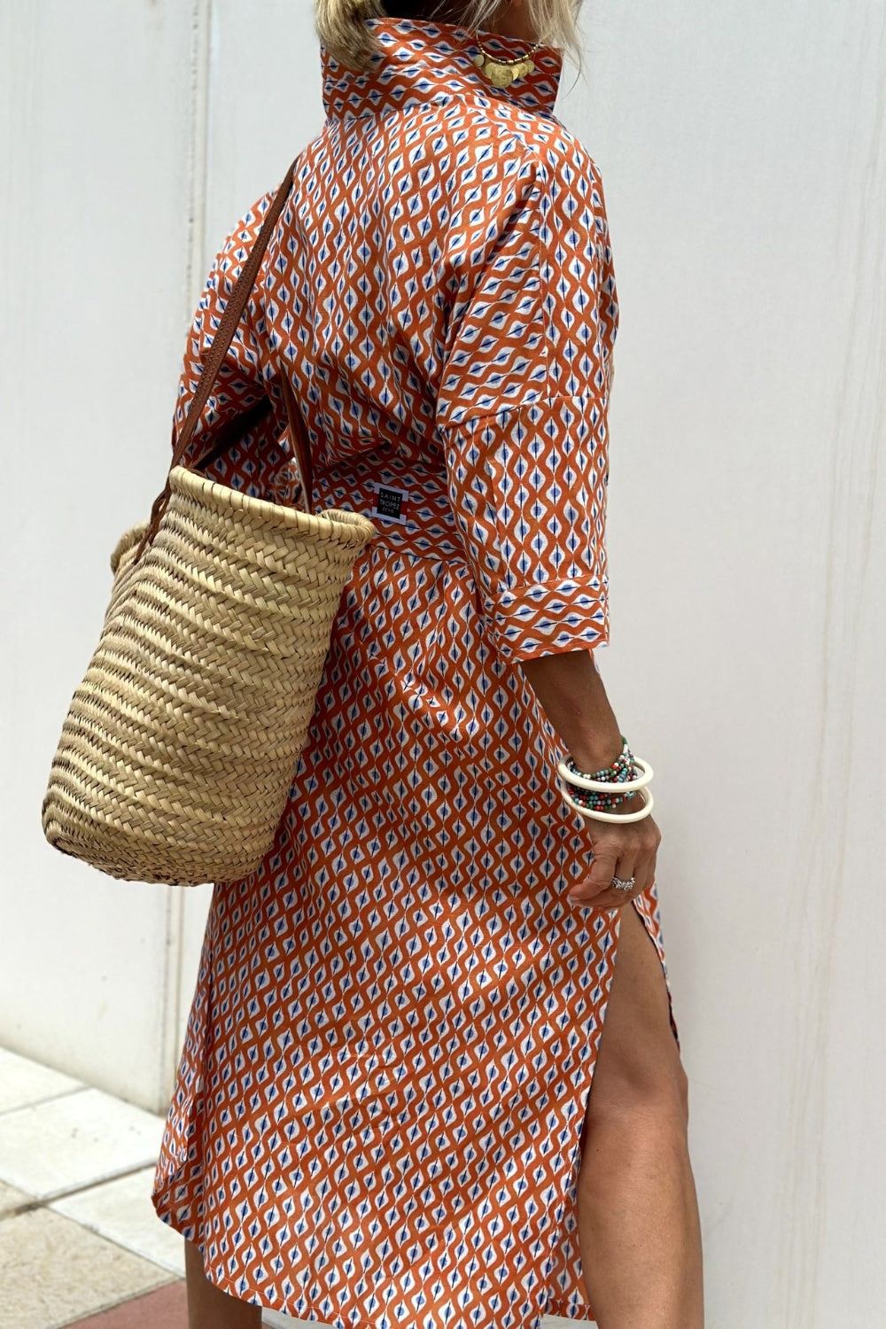 Slit Printed Collared Midi Shirt Dress