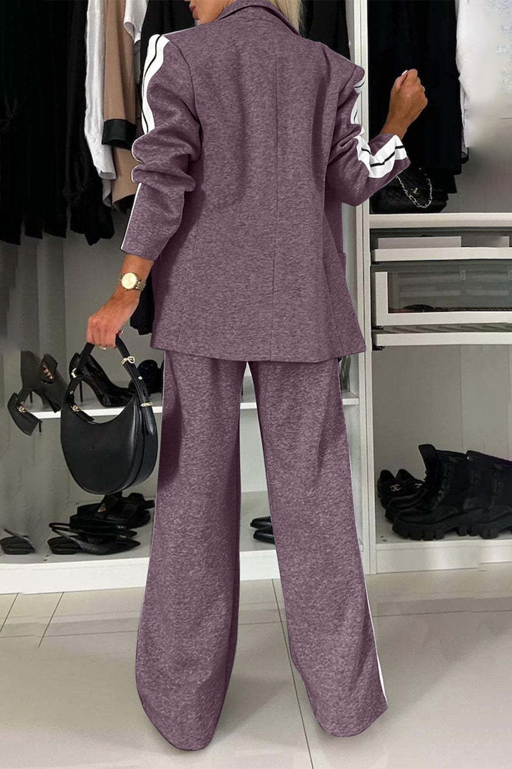 Contrast Lapel Collar Top & Pants Set