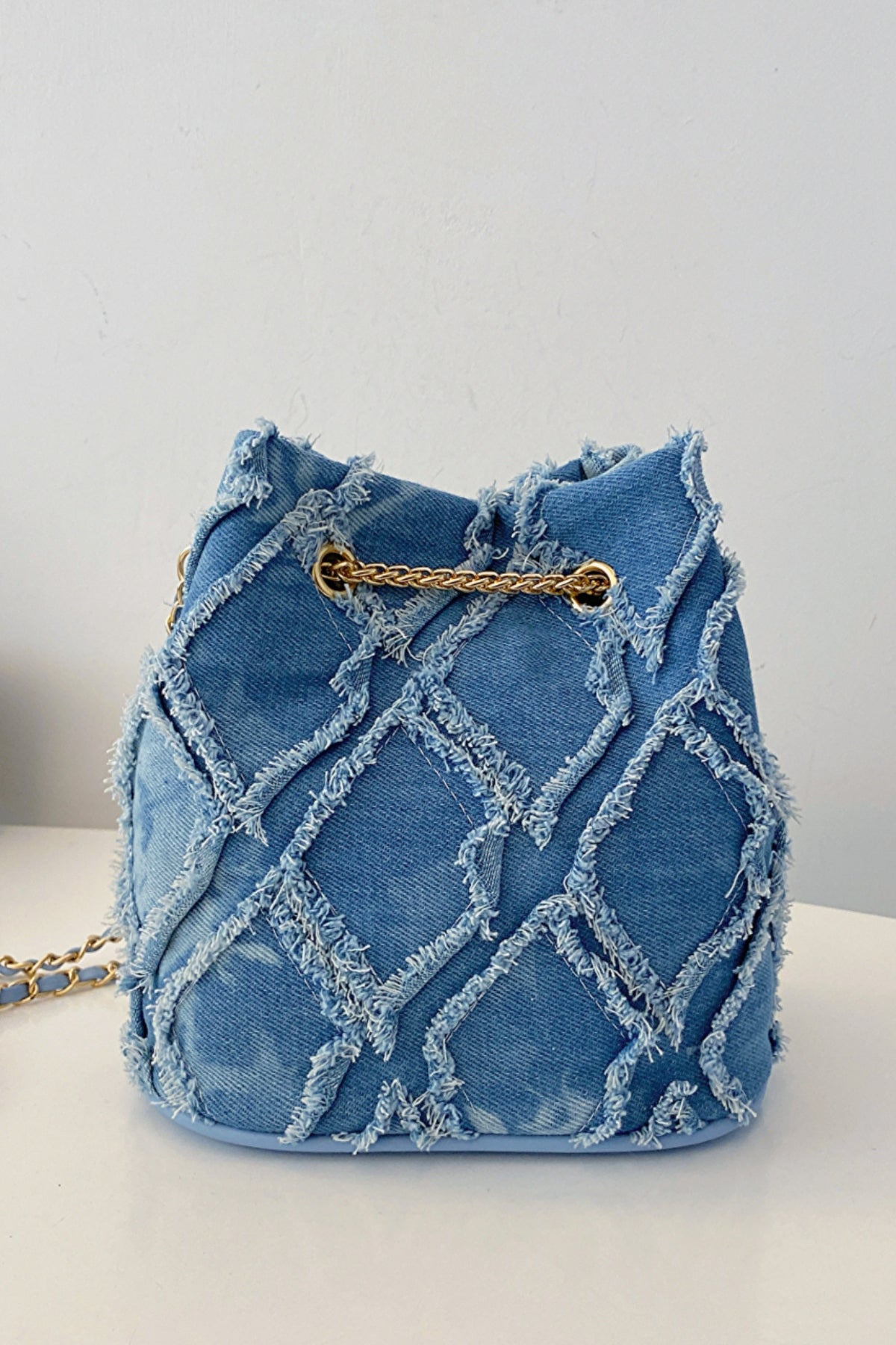 Chain Drawstring Raw Edge Denim Bucket