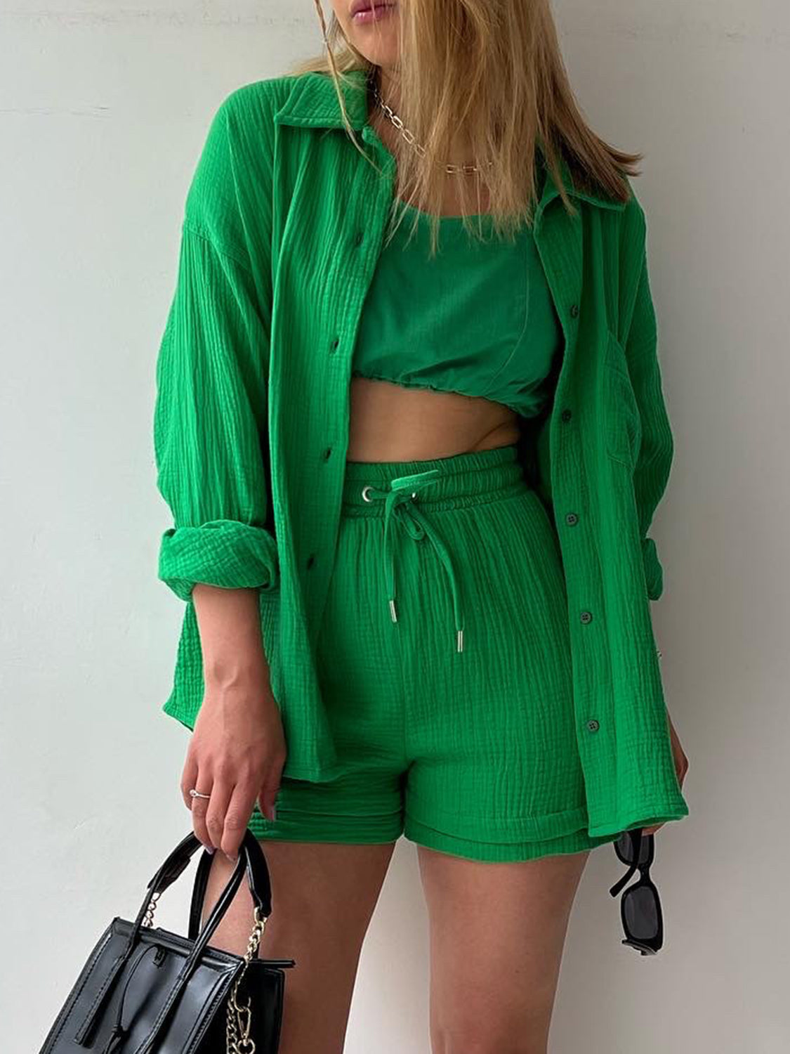 Textured Button Up Shirt Shorts Set