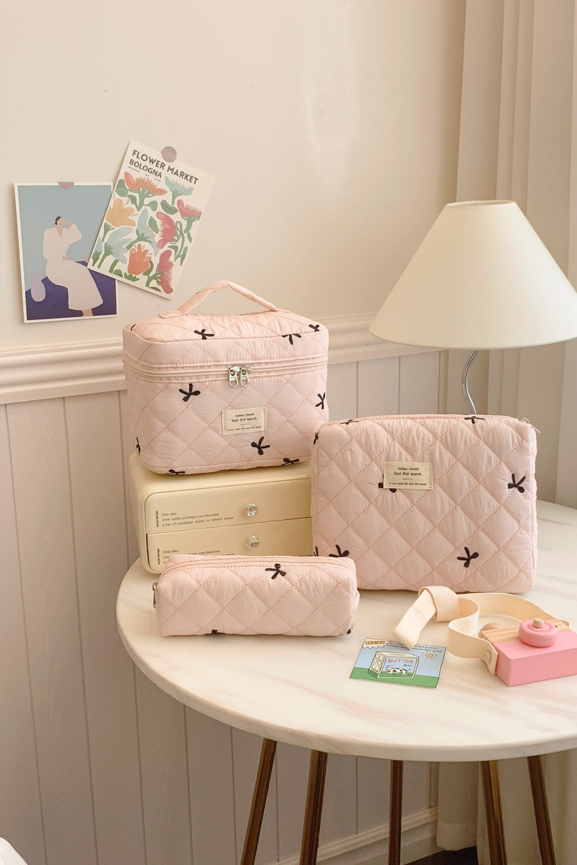 3 Piece Bow Quilted Makeup Bag Set