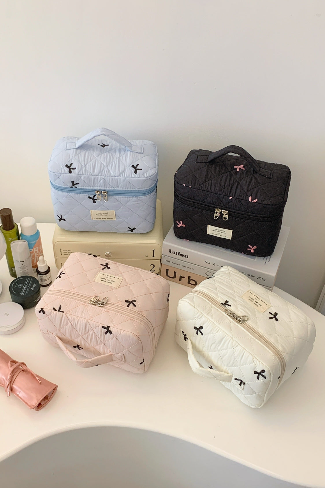 3 Piece Bow Quilted Makeup Bag Set