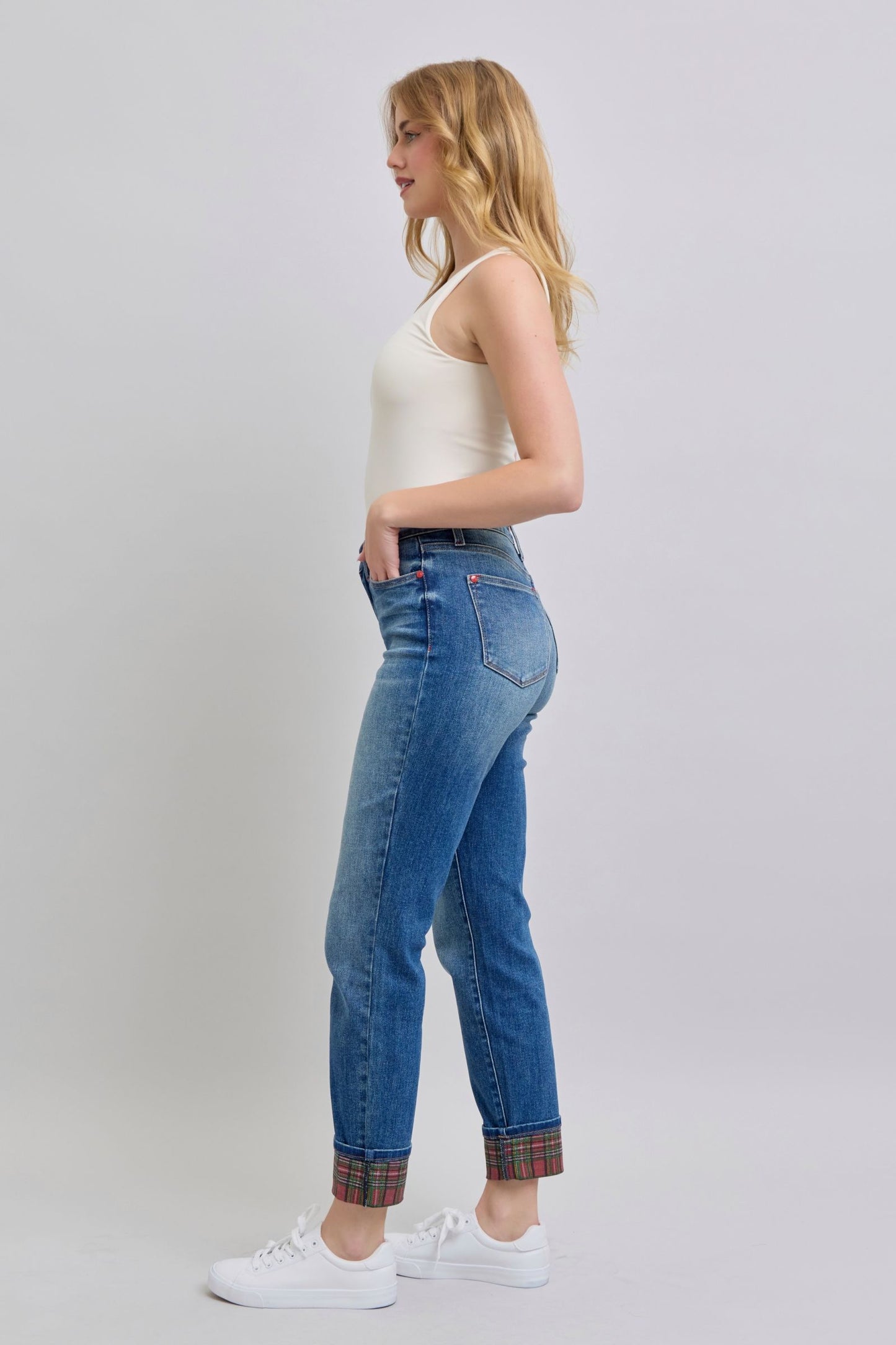 Blue Plaid Print Cuff Straight Jean