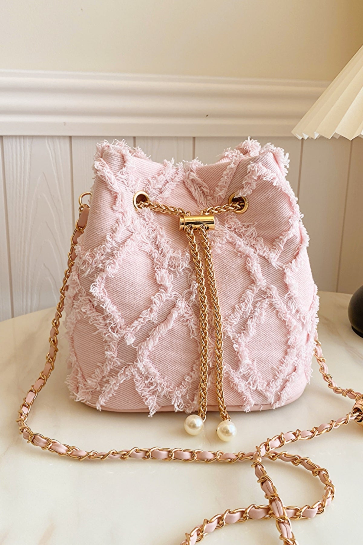 Chain Drawstring Raw Edge Denim Bucket