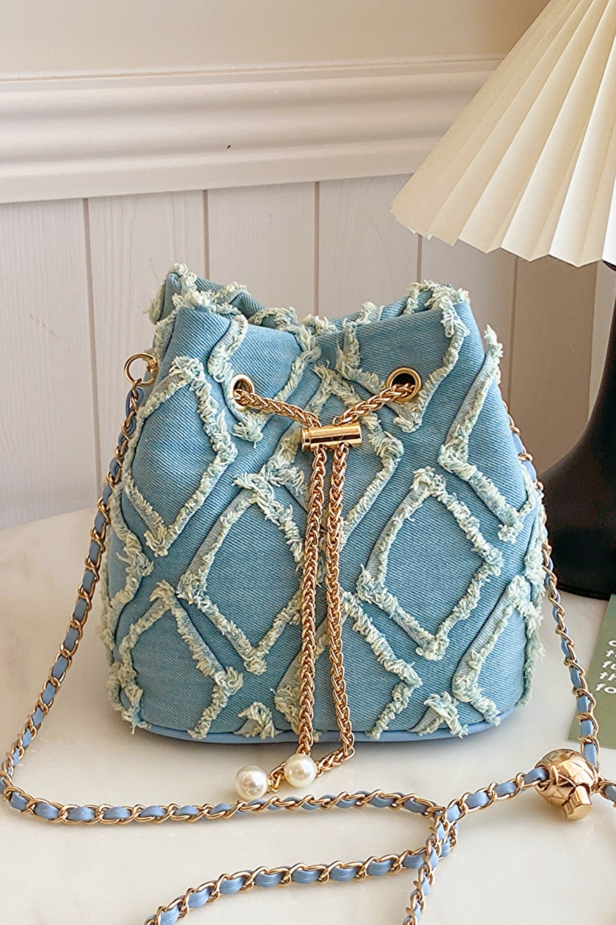 Chain Drawstring Raw Edge Denim Bucket