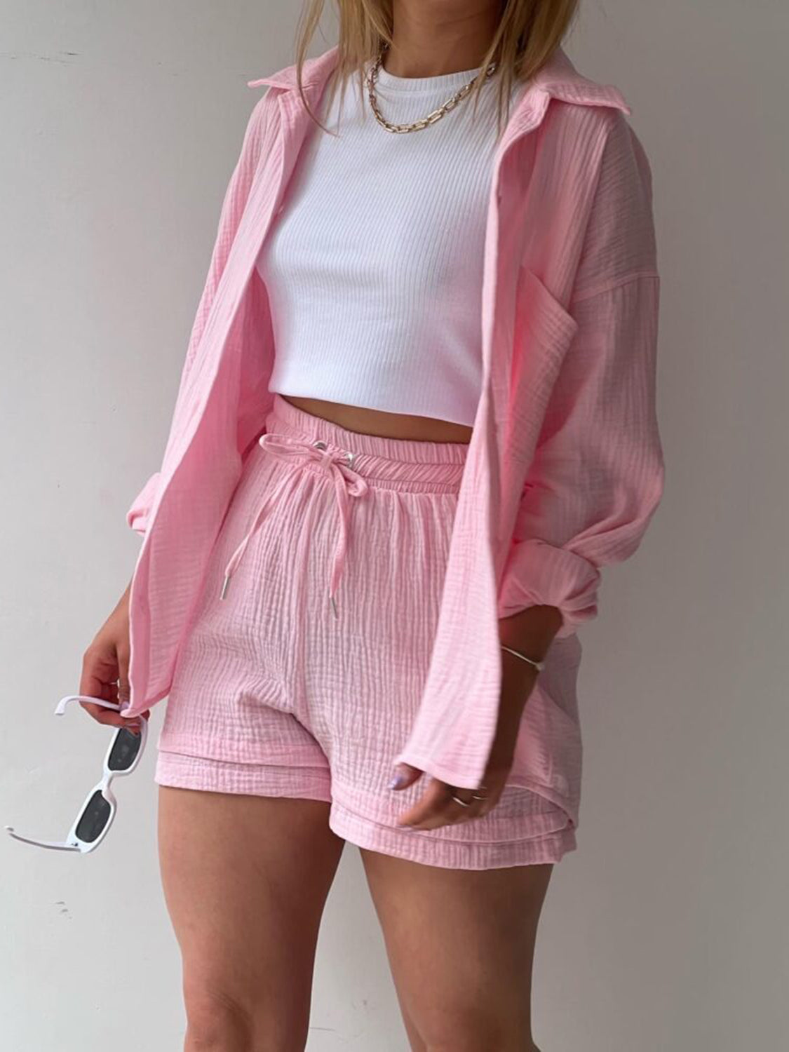 Textured Button Up Shirt Shorts Set