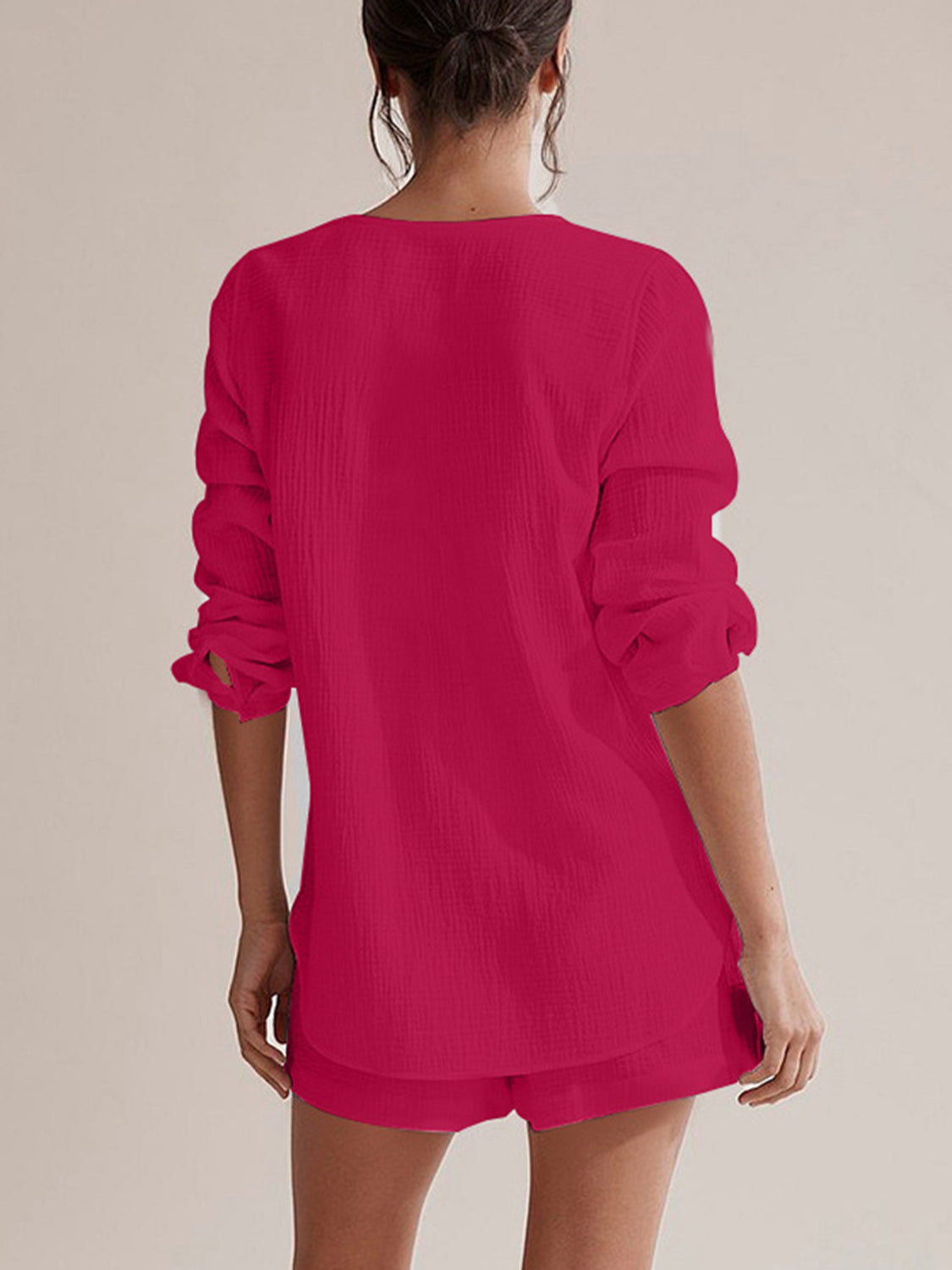 Notched Long Sleeve Top Shorts Set