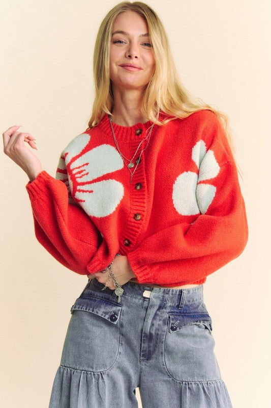 Flower Contrast Cardigan - Pretty