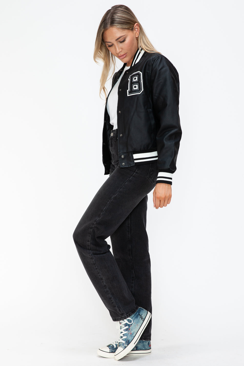 Leather Snap Down Bomber Jacket