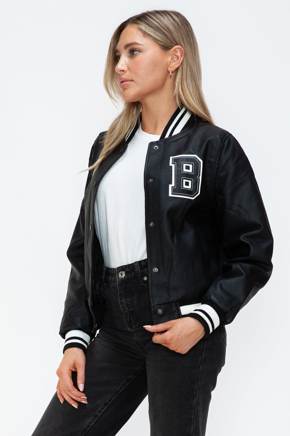 Leather Snap Down Bomber Jacket