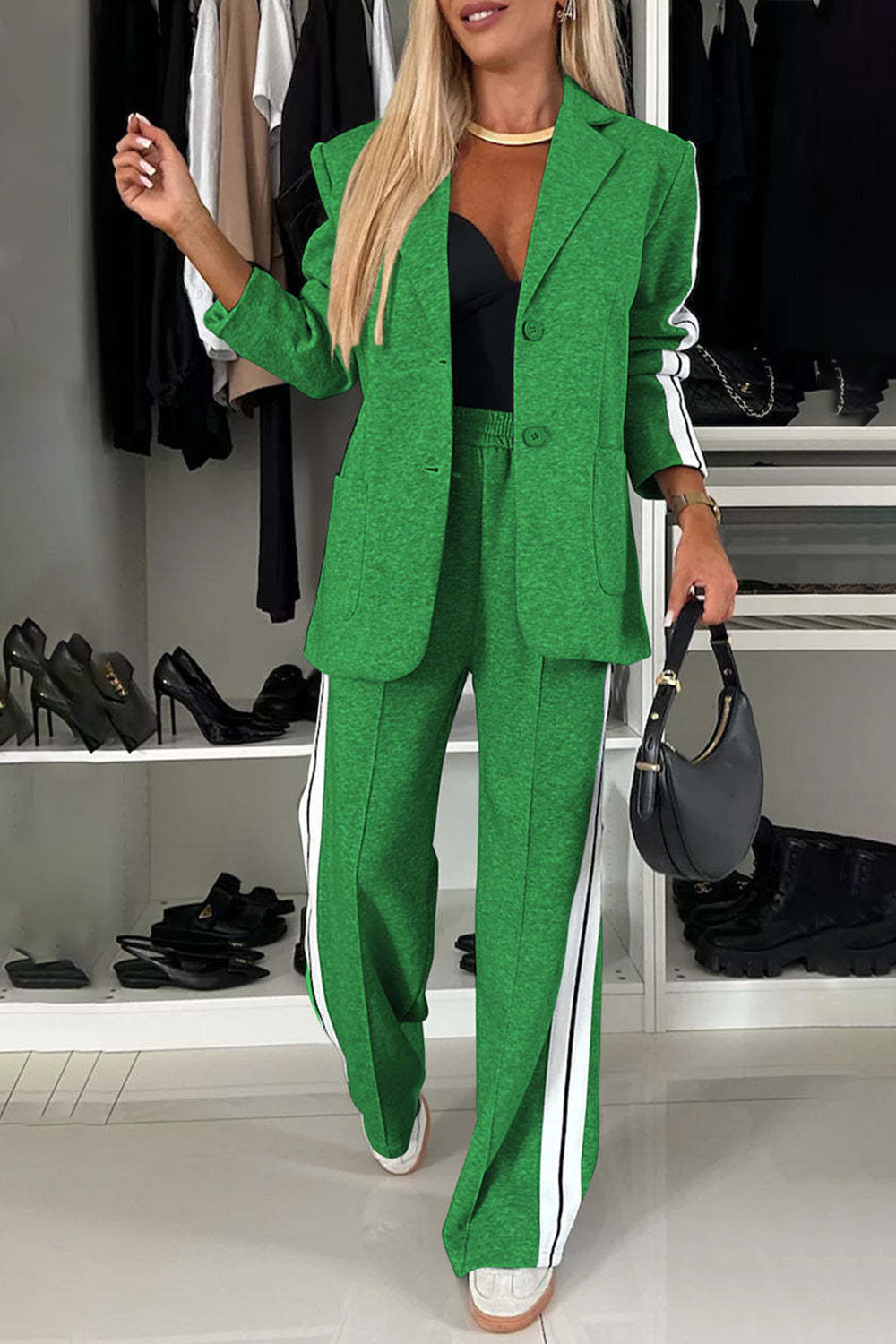 Contrast Lapel Collar Top & Pants Set