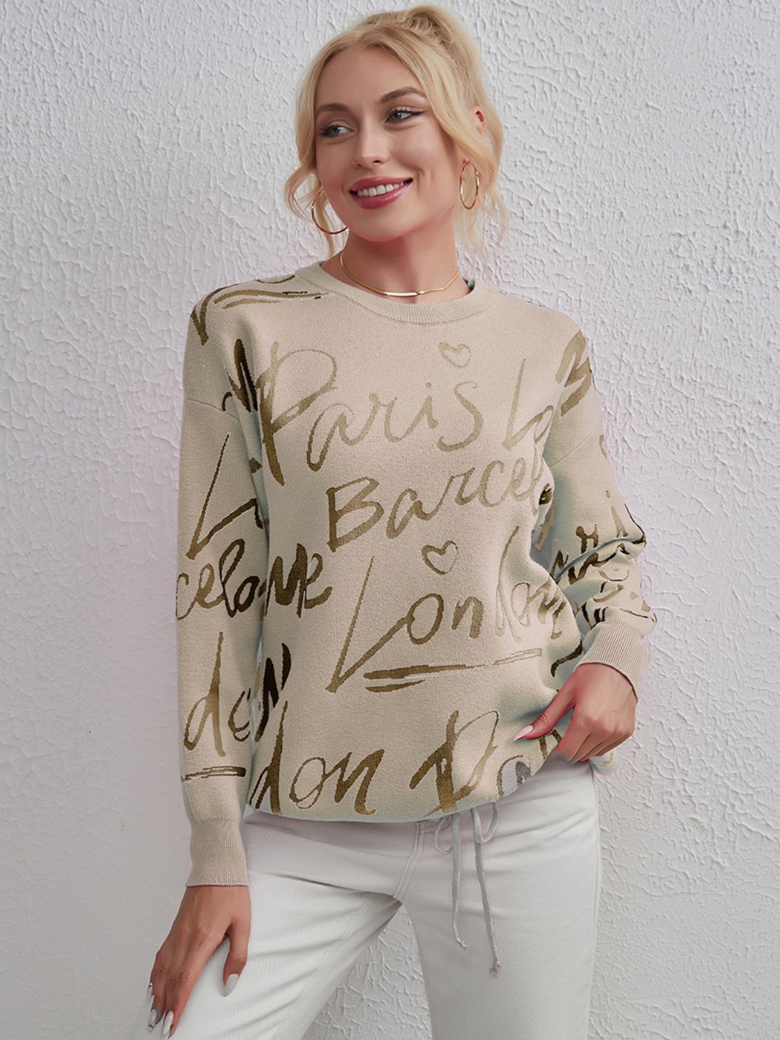 Drawstring Letter Pattern Sweater Drop