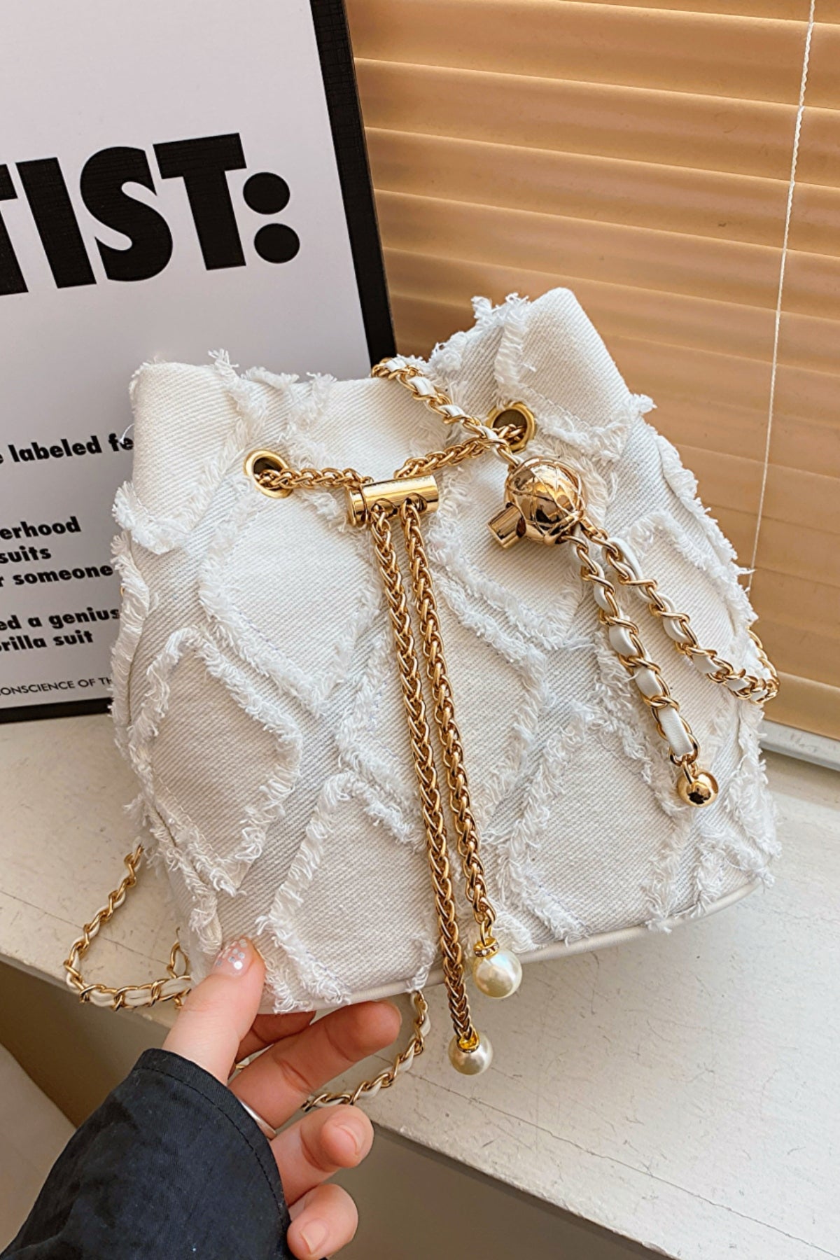 Chain Drawstring Raw Edge Denim Bucket